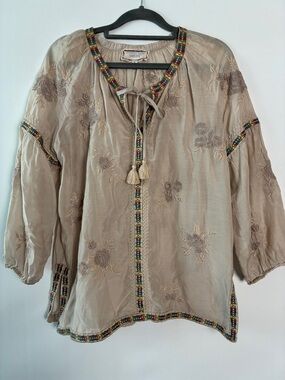 Johnny Was Embroidered Beige Peasant Blouse with Tassel Tie
